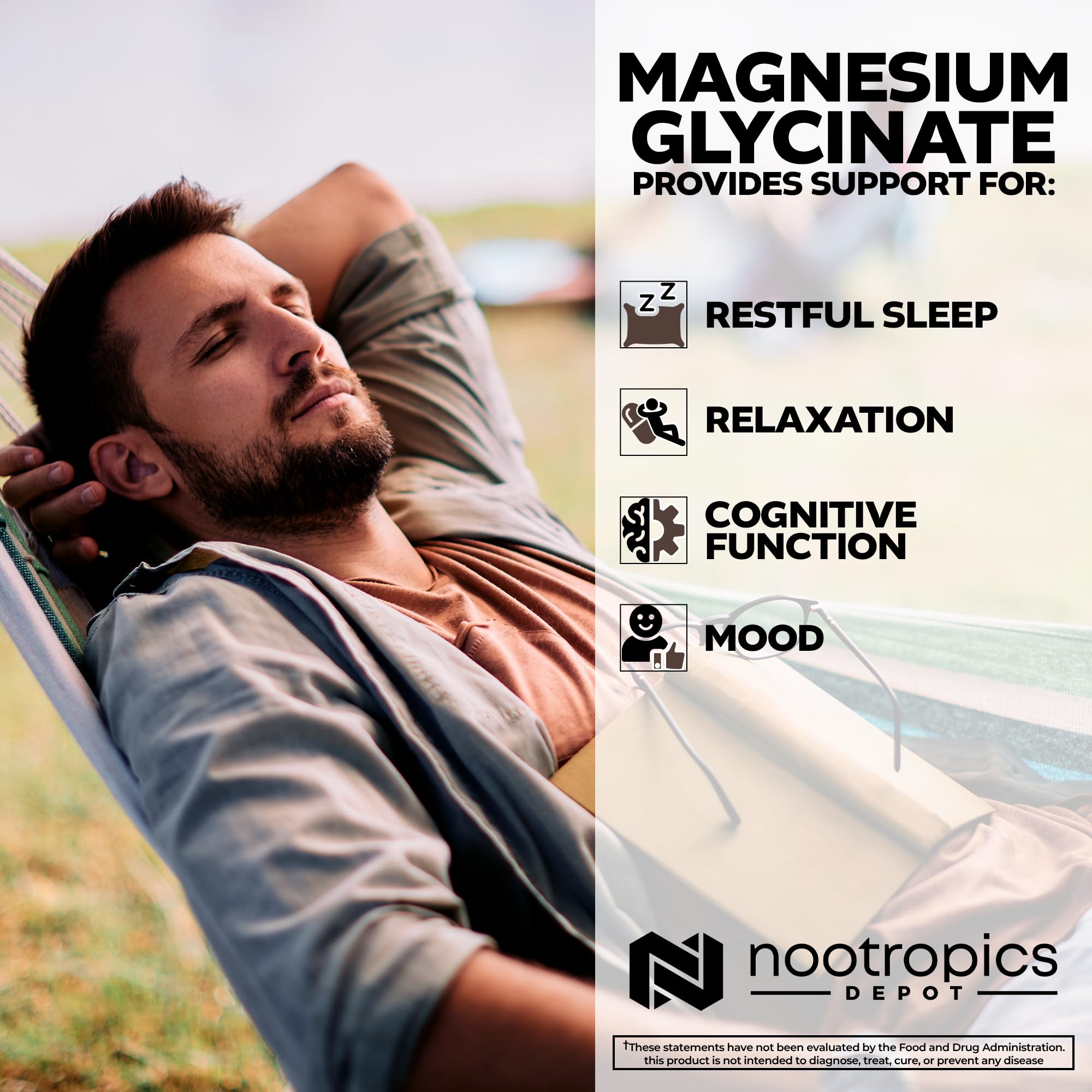 Nootropics Depot Magnesium Glycinate Capsules 180 Count tablet closeup shows easy-to-swallow capsules.