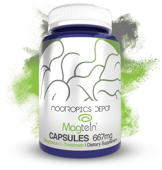 Nootropics Depot Magtein bottle with magnesium L-threonate capsules promoting brain health