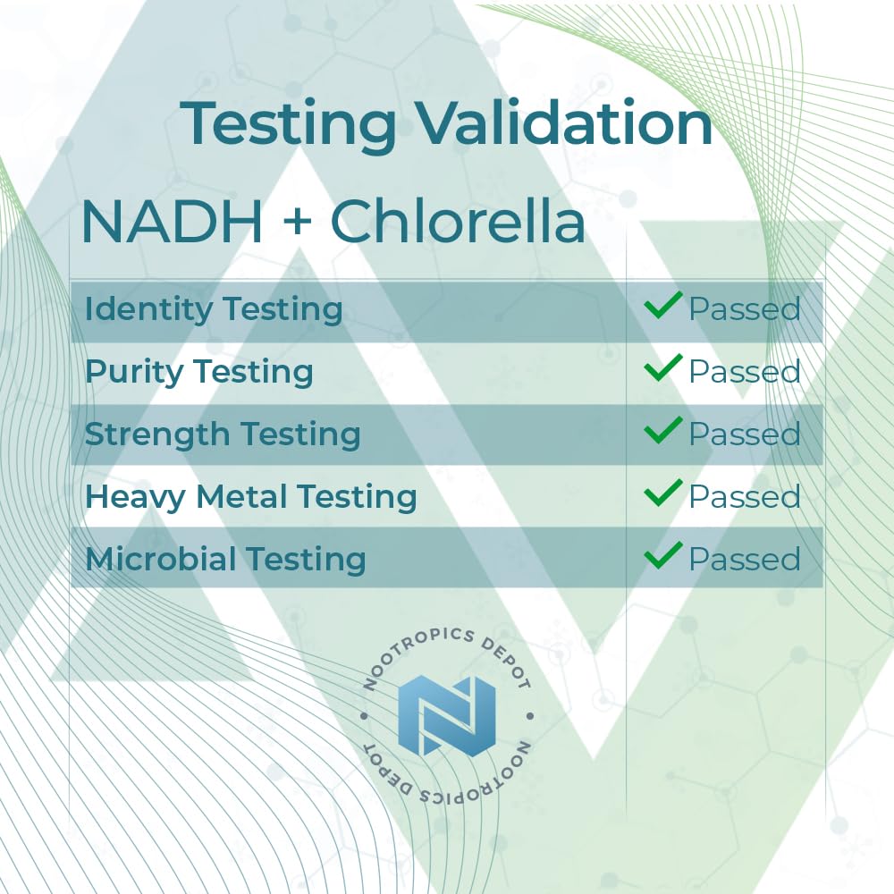 Nootropics Depot NADH chlorella bottle close up highlighting 20 mg NADH.