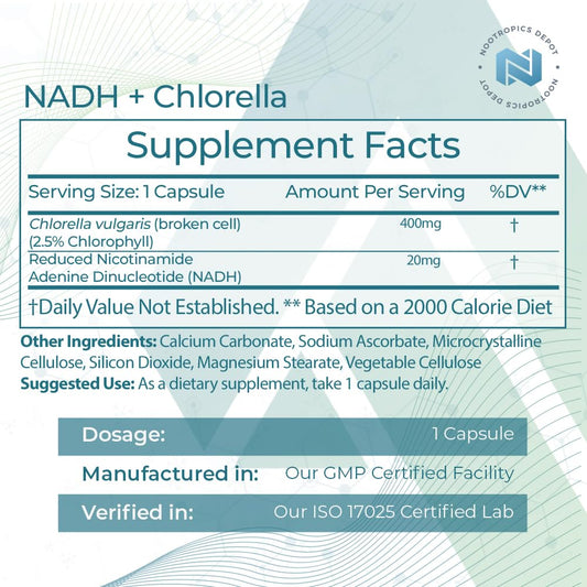 Nootropics Depot NADH chlorella bottle label highlights stability and clean ingredients.