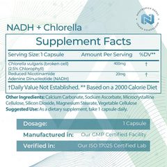 Nootropics Depot NADH chlorella bottle label highlights stability and clean ingredients.