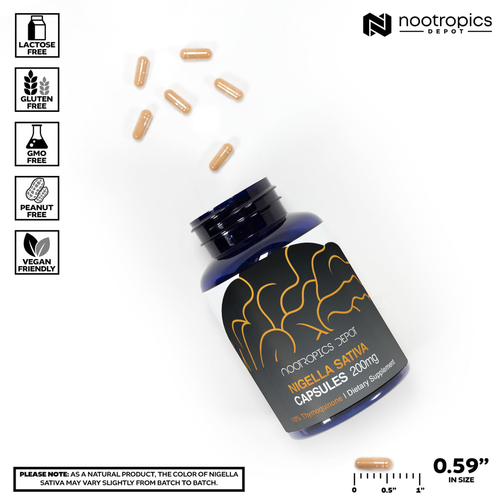 Nootropics Depot Nigella Sativa bottle closeup highlights 200mg capsules.