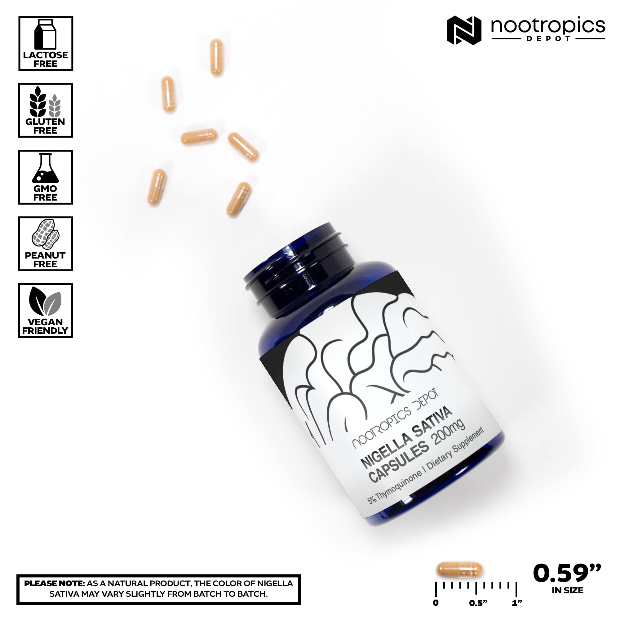 Nootropics Depot Nigella Sativa extract bottle label with 5% thymoquinone standard for potency
