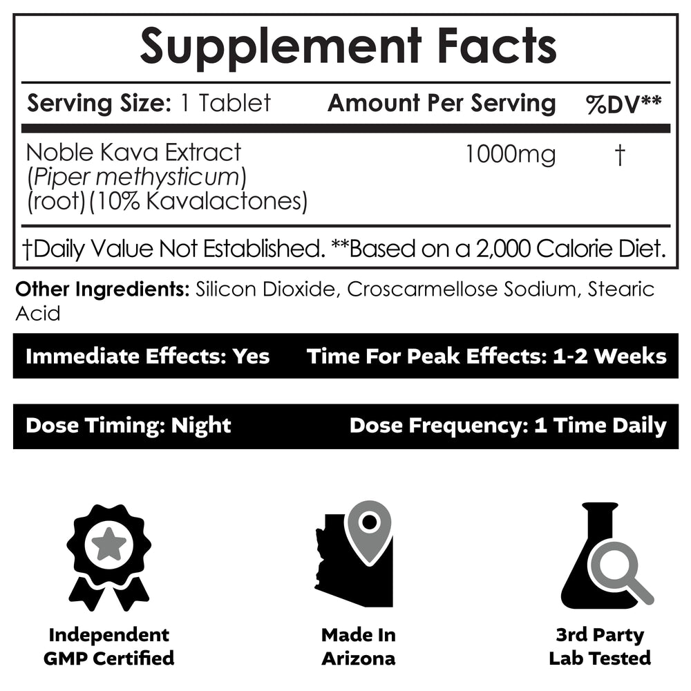 Nootropics Depot Noble Kava tablets back label highlighting kavalactone content and usage guidance