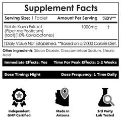 Nootropics Depot Noble Kava tablets back label highlighting kavalactone content and usage guidance