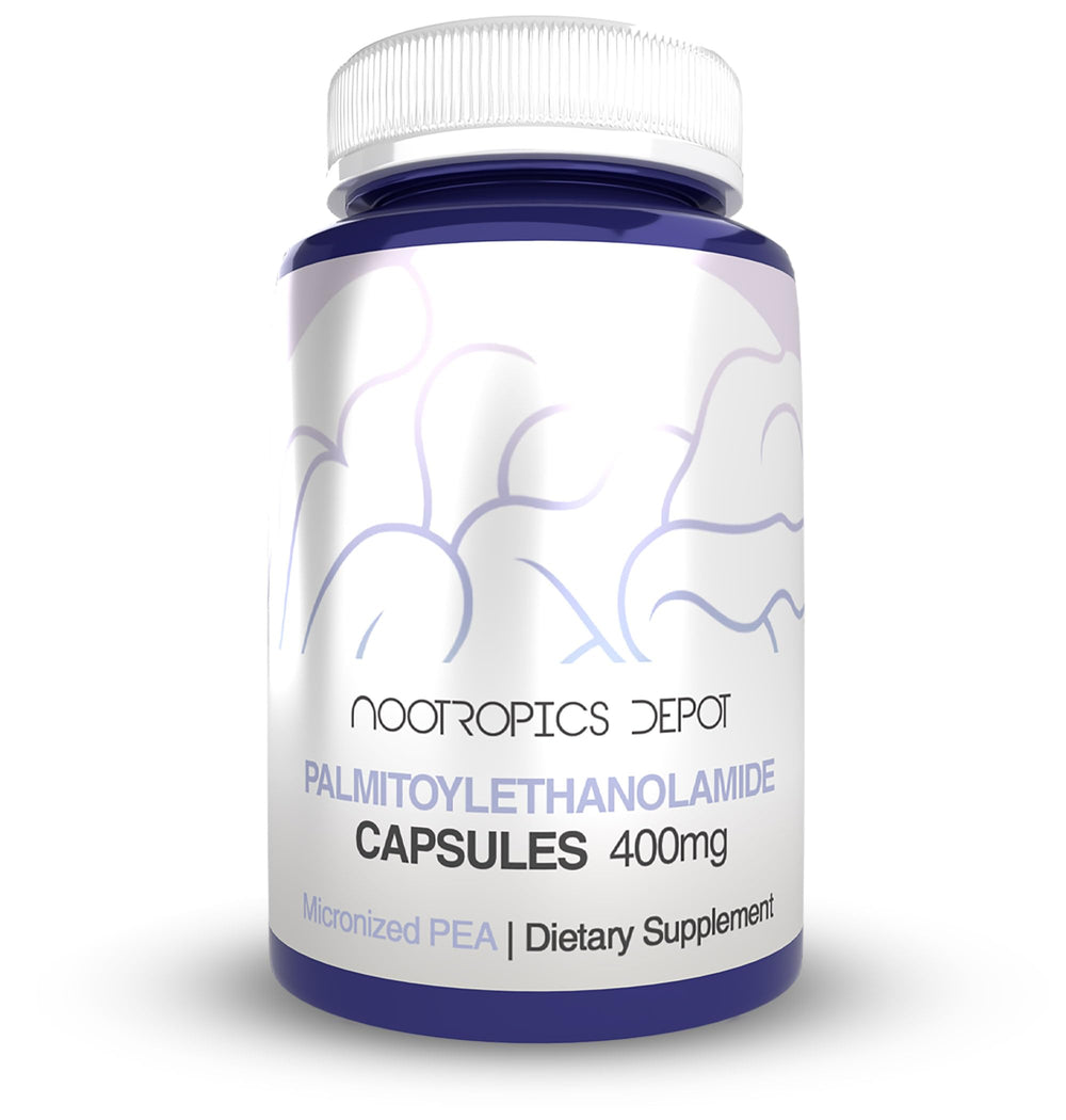 Nootropics Depot Palmitoylethanolamide 400mg bottle closeup, easy-to-swallow capsules for daily use