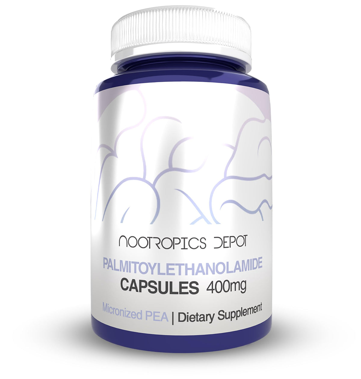 Nootropics Depot Palmitoylethanolamide 400mg bottle closeup, easy-to-swallow capsules for daily use