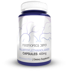 Nootropics Depot PEA 400mg capsules bottle for daily comfort and joint support.