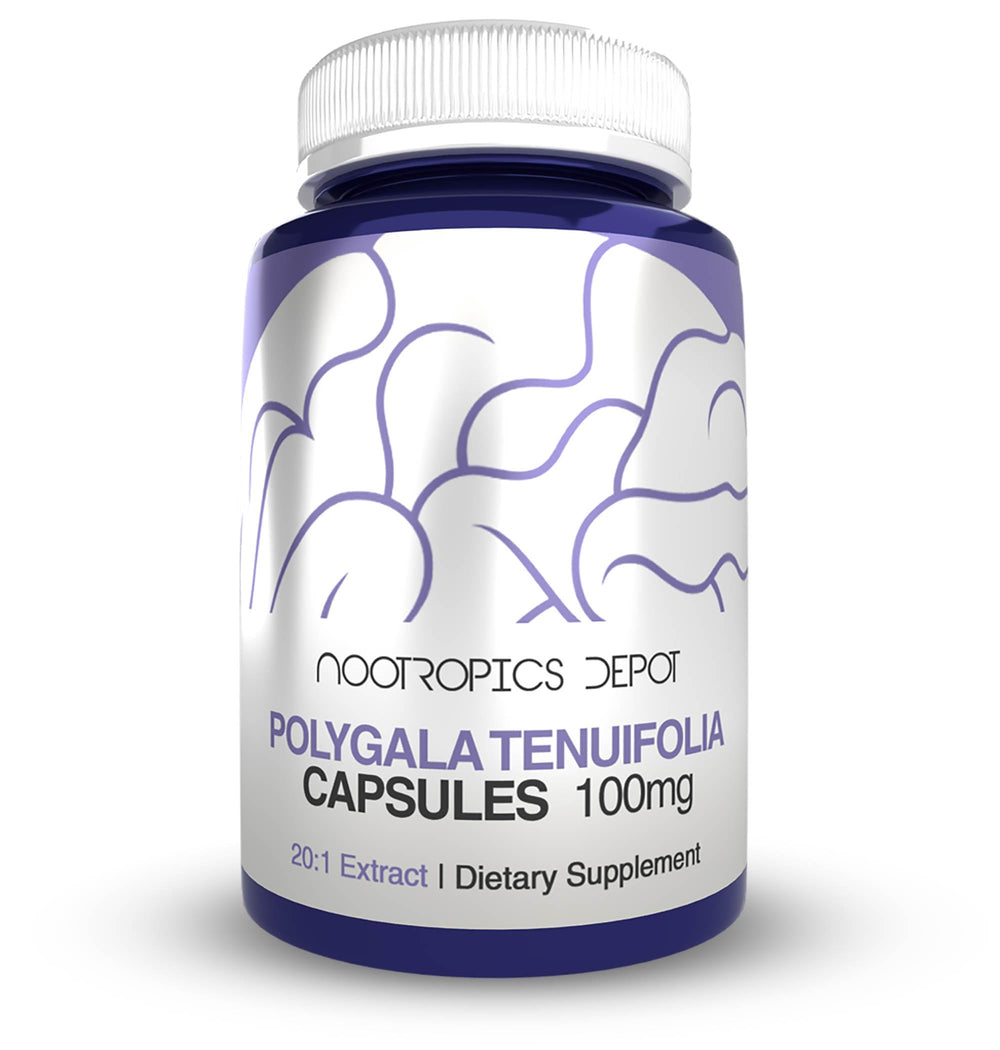 Nootropics Depot Polygala capsules 100mg bottle for daily cognitive support.