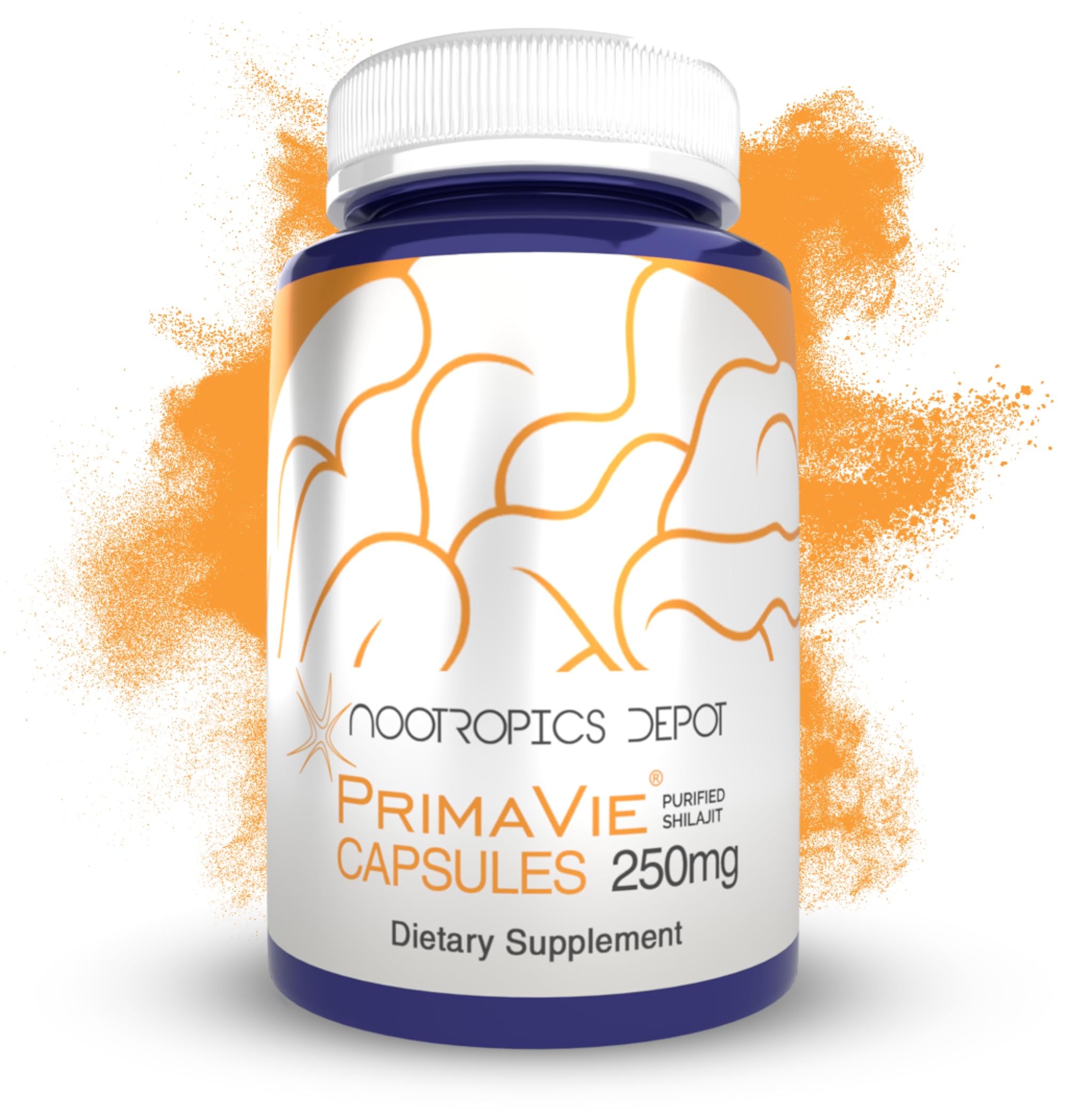 Nootropics Depot PrimaVie Shilajit capsules bottle front showing purified extract for energy support.