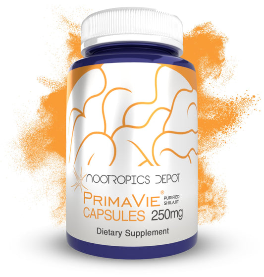 Nootropics Depot PrimaVie Shilajit capsules bottle front showing purified extract for energy support.