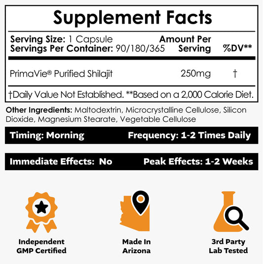 Nootropics Depot PrimaVie Shilajit capsules closeup label highlights purity and low heavy metals.