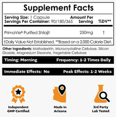 Nootropics Depot PrimaVie Shilajit capsules closeup label highlights purity and low heavy metals.
