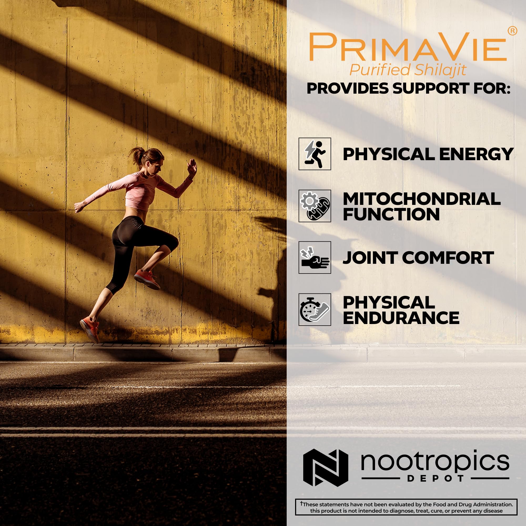 Nootropics Depot PrimaVie Shilajit capsules packaging view emphasizing 90-count purity.
