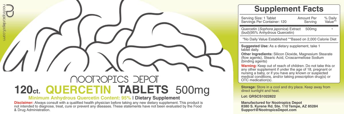 Nootropics Depot Quercetin 500mg bottle front view suggesting cognitive support potential.
