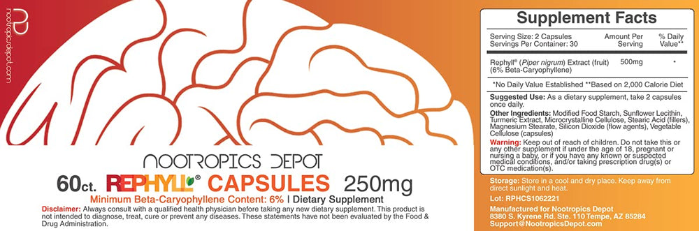 Nootropics Depot Rephyll capsules closeup shows 250 mg capsules