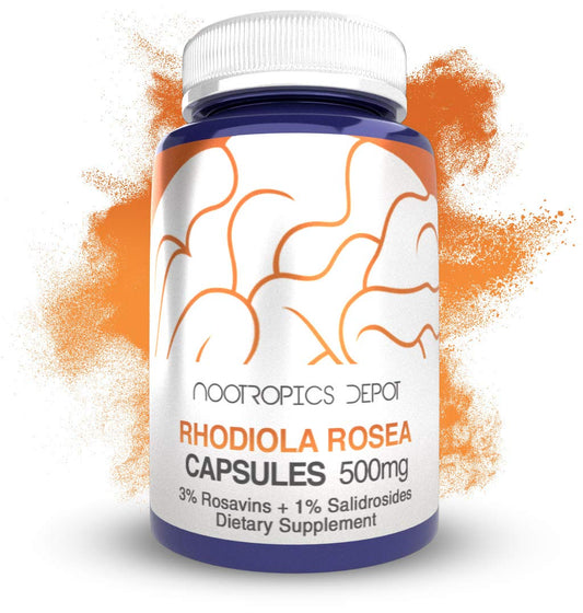 Nootropics Depot Rhodiola bottle label showing 500 mg and rosavins for daily focus
