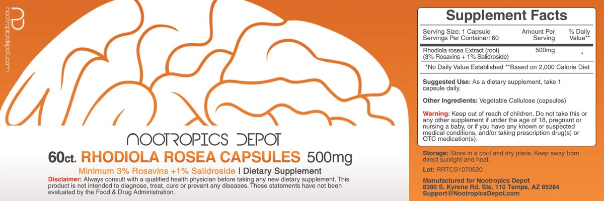 Nootropics Depot Rhodiola capsules close-up of bottle for quality and potency