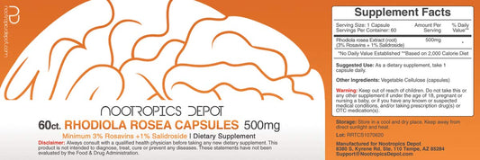 Nootropics Depot Rhodiola capsules close-up of bottle for quality and potency