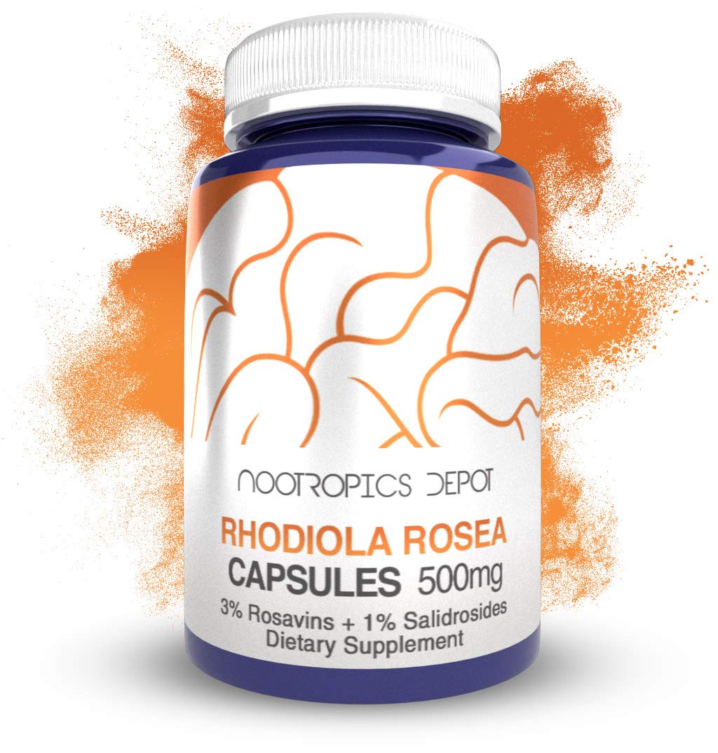 Nootropics Depot Rhodiola Rosea capsules bottle front view for daily energy support.