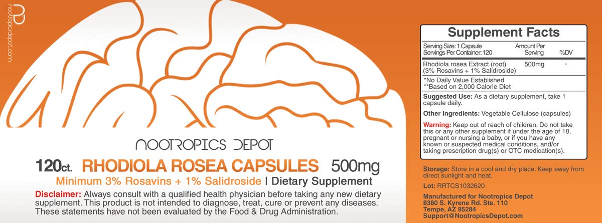 Rhodiola Rosea capsules close-up showing 500 mg per serving.