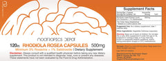 Rhodiola Rosea capsules close-up showing 500 mg per serving.