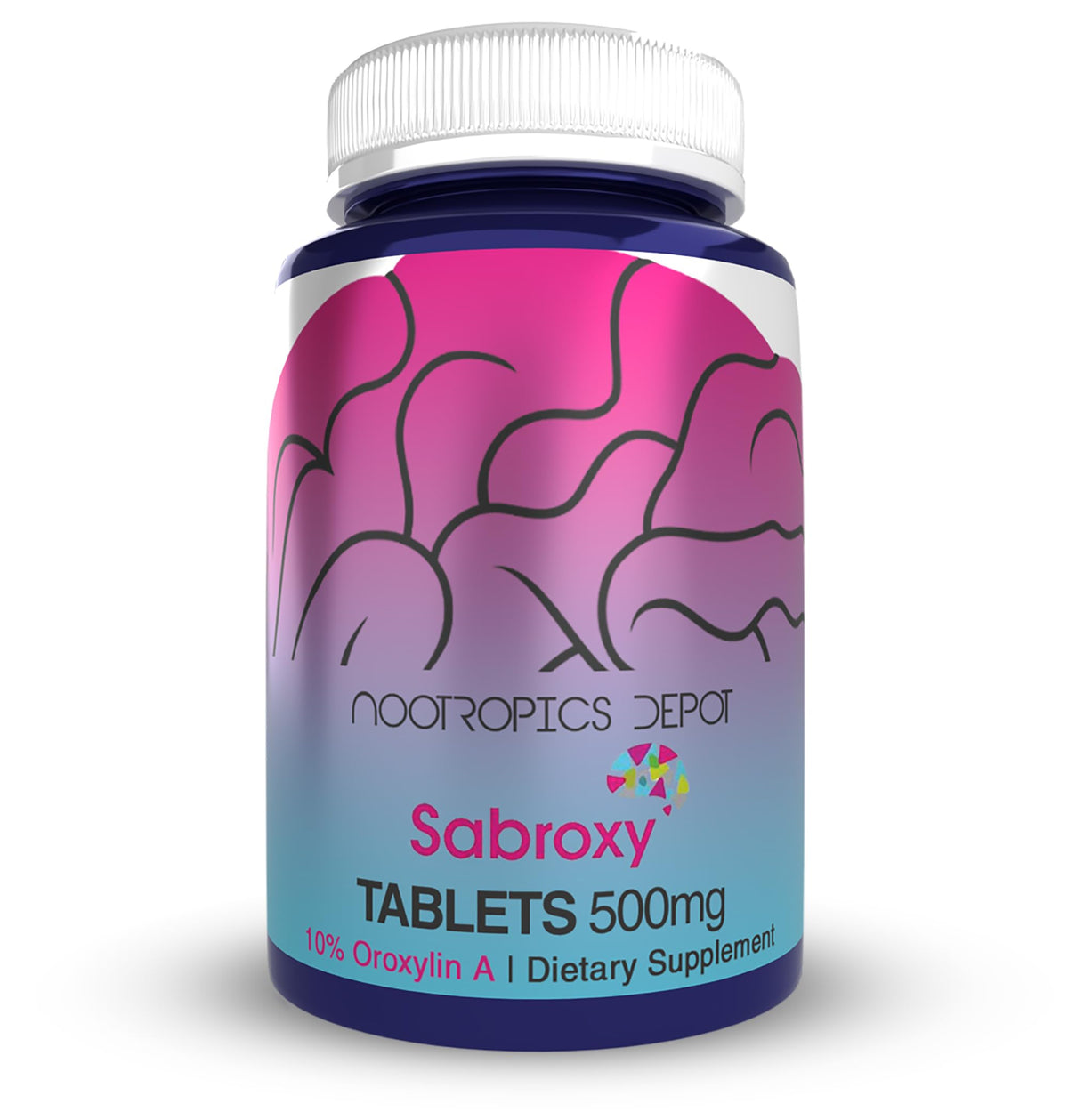 Nootropics Depot Sabroxy tablets bottle front promotes focus and motivation.