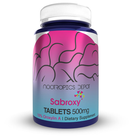 Nootropics Depot Sabroxy tablets bottle front promotes focus and motivation.