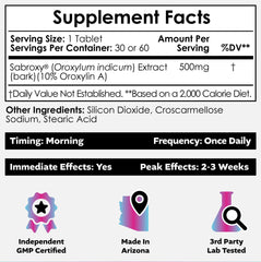 Sabroxy bottle side view shows 500mg tablets for cognitive support.