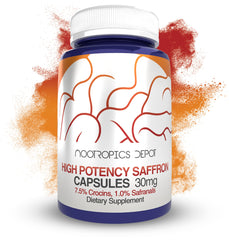 Nootropics Depot saffron extract capsules bottle, 180-count, potentially supports mood balance