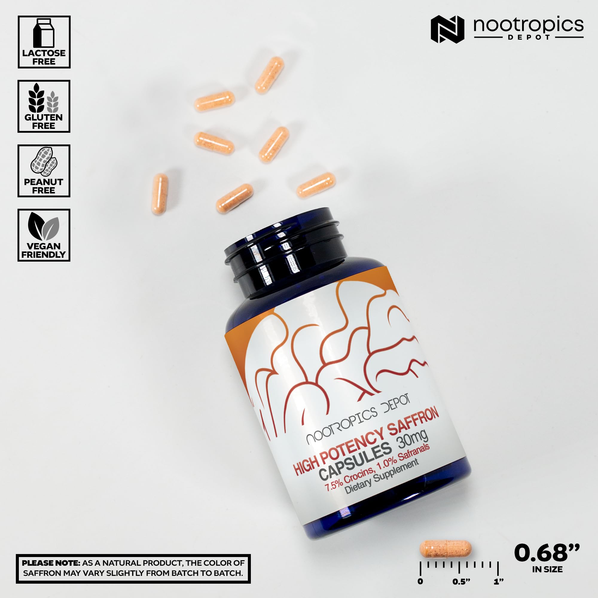 Nootropics Depot saffron extract bottle label shows 30 mg potency