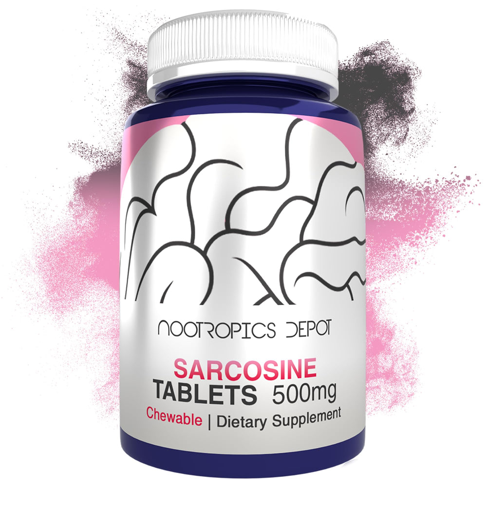 Nootropics Depot Sarcosine tablets bottle, 240-count, ideal for daily use and cognitive support potential.