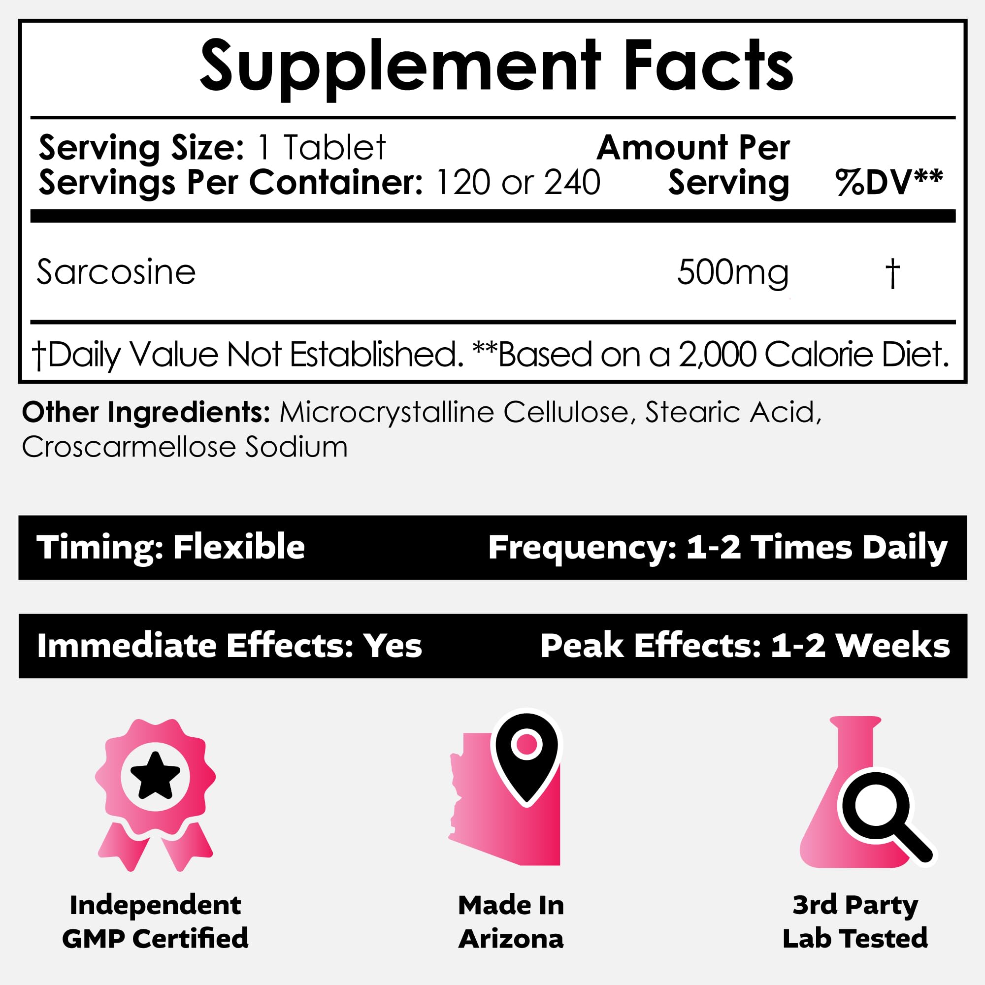 Nootropics Depot Sarcosine tablets front label shows 500 mg chewables for easy dosing.