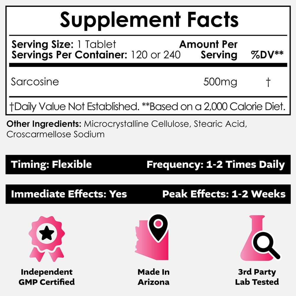Nootropics Depot Sarcosine tablets front label shows 500 mg chewables for easy dosing.