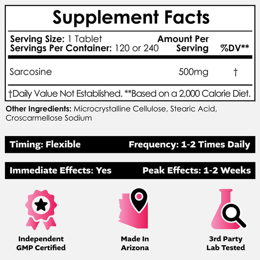 Nootropics Depot Sarcosine tablets front label shows 500 mg chewables for easy dosing.