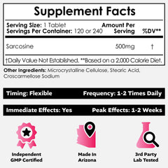 Nootropics Depot Sarcosine tablets front label shows 500 mg chewables for easy dosing.