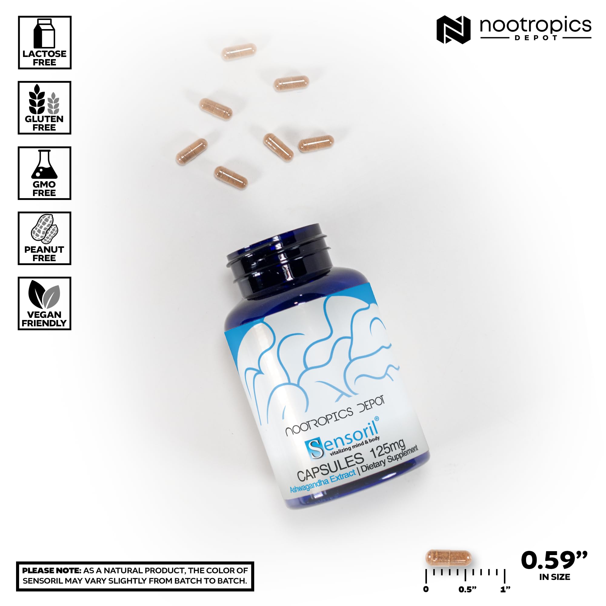 Nootropics Depot Sensoril back label emphasizes potency and purity for safe use