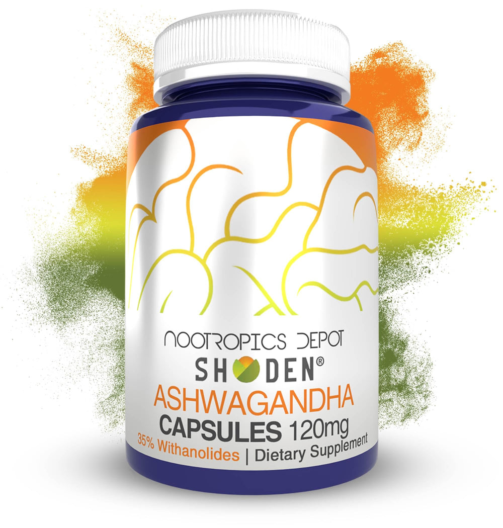 Nootropics Depot Shoden Ashwagandha capsules bottle front showing 120mg potency for daily balance