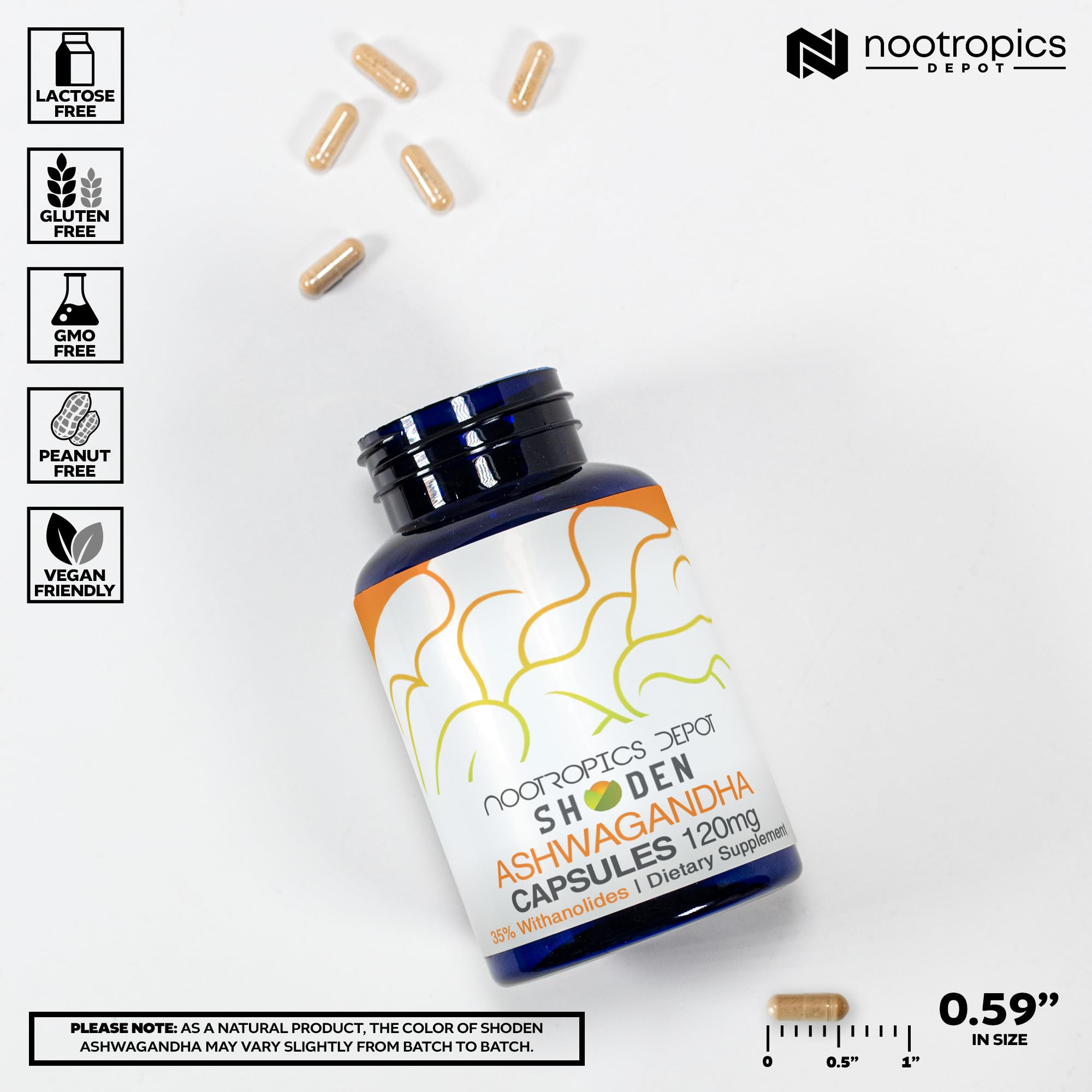 Nootropics Depot Shoden Ashwagandha capsules pour view highlighting easy daily use
