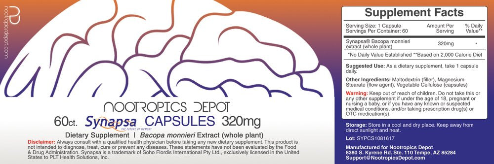 Nootropics Depot Synapsa Bacopa capsules label closeup highlighting standardized extract.
