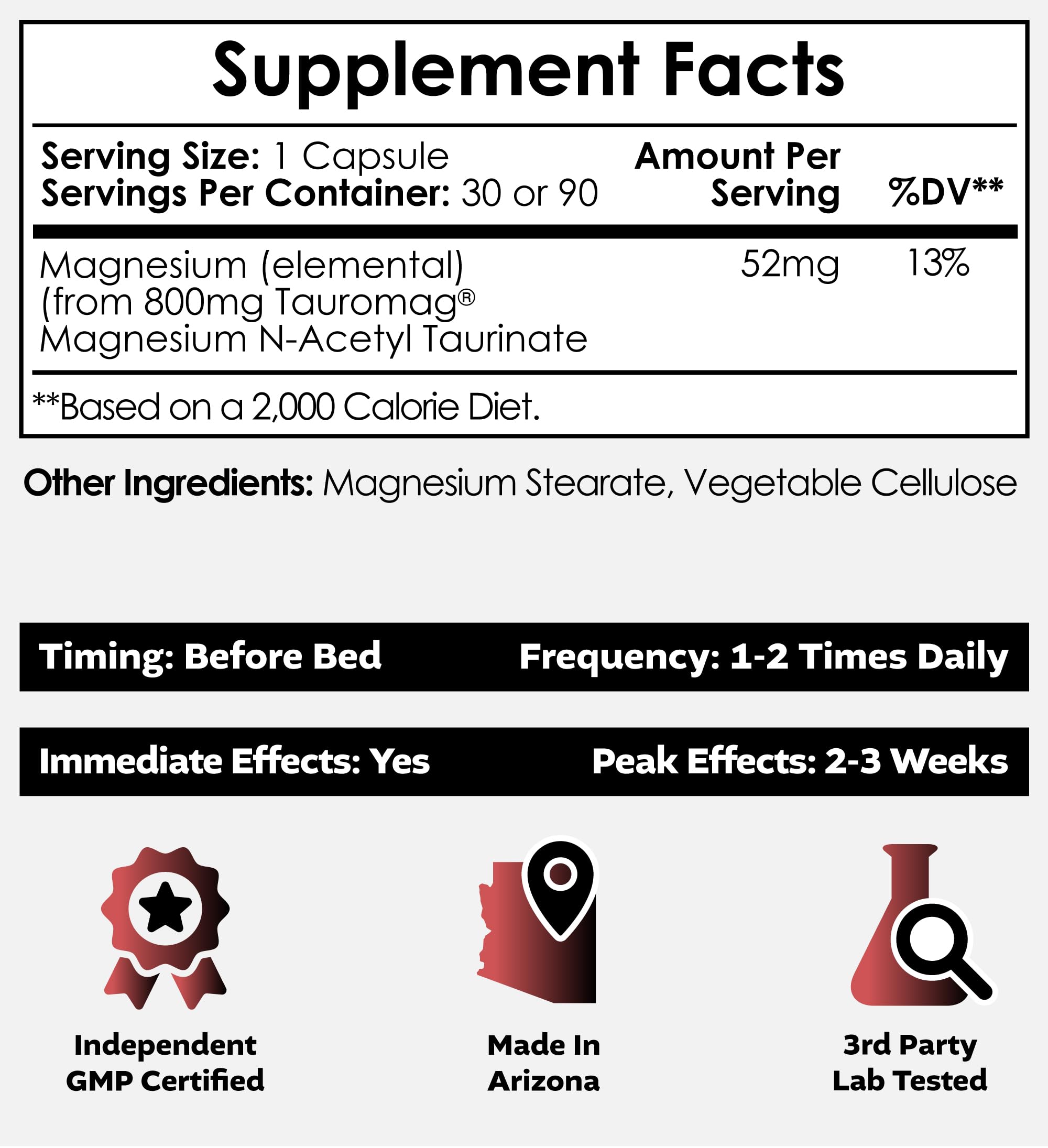 Nootropics Depot Tauromag bottle back shows ingredients and magnesium for support.