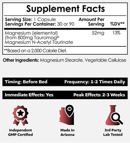 Nootropics Depot Tauromag bottle back shows ingredients and magnesium for support.