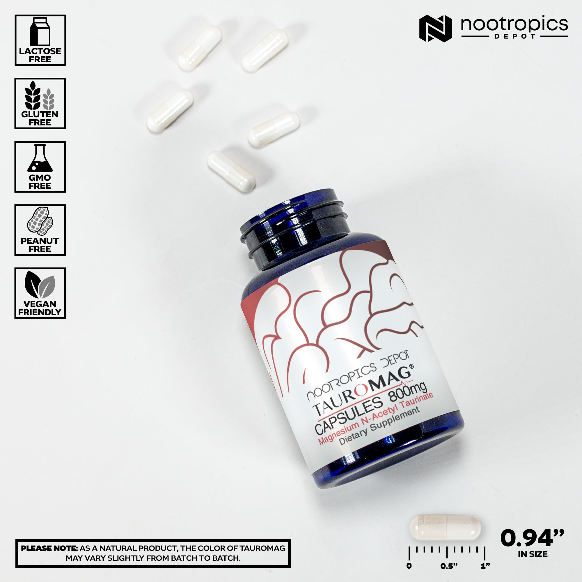 Nootropics Depot Tauromag capsules closeup highlighting magnesium blend for daily use.