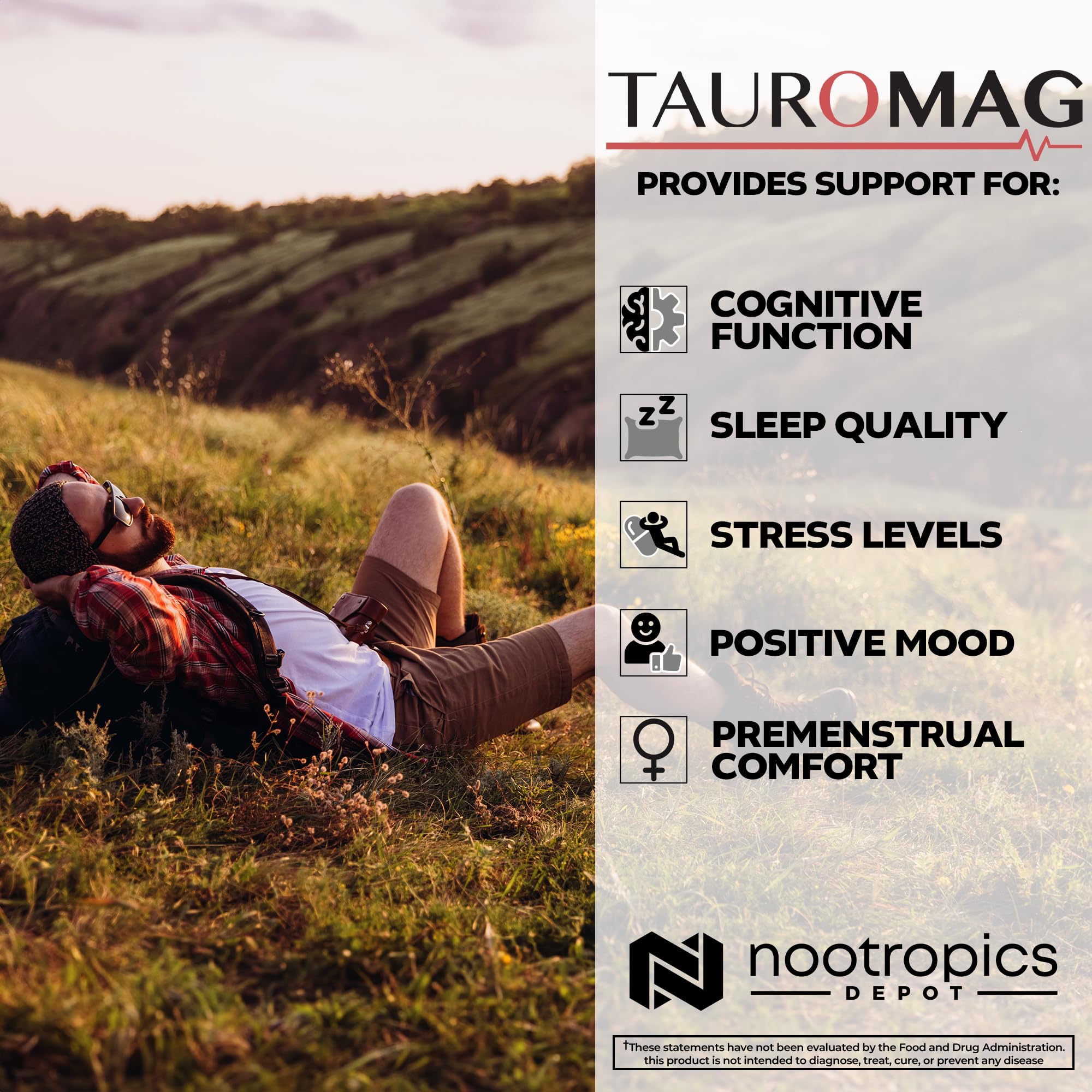 Nootropics Depot Tauromag capsules on desk suggesting daily use.