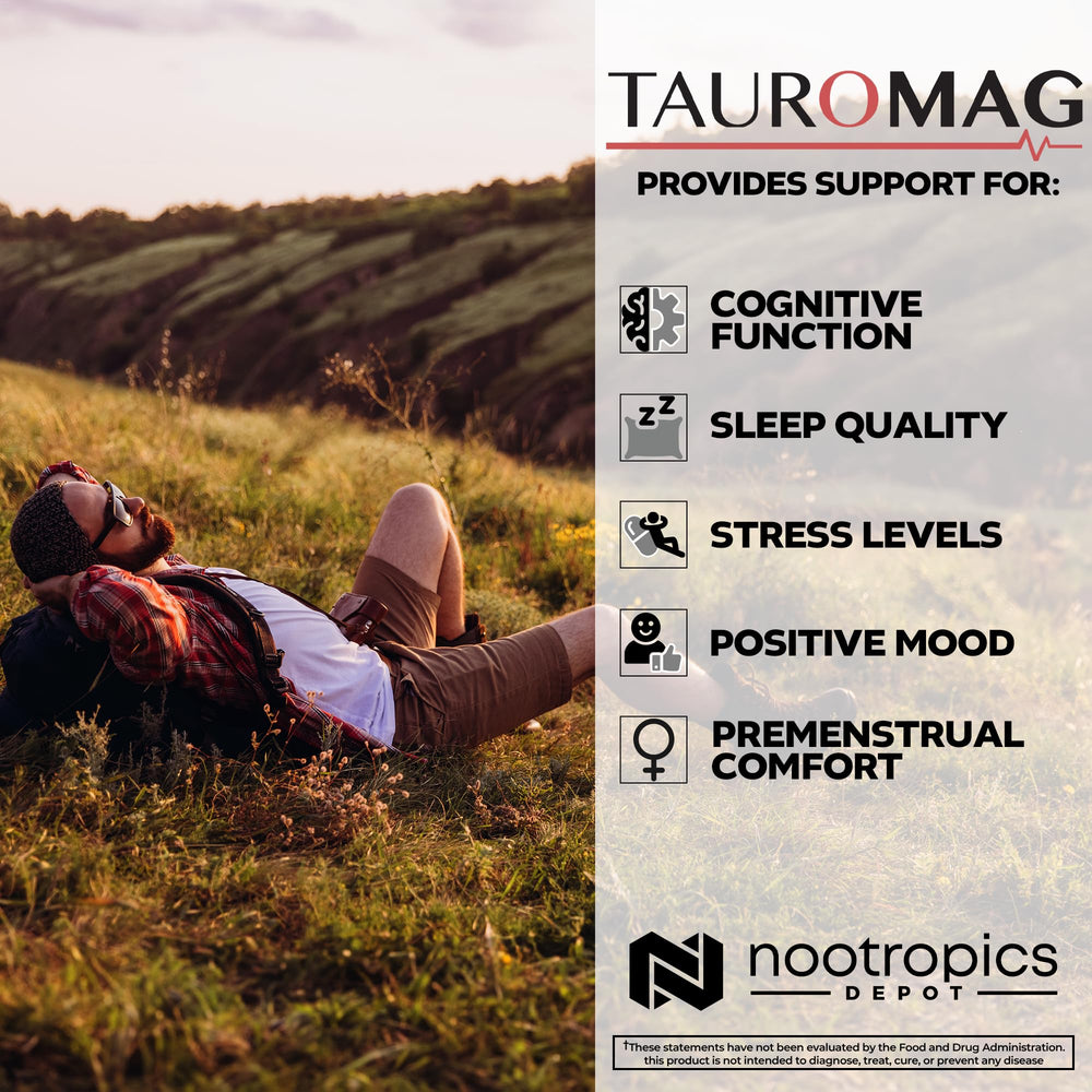 Nootropics Depot Tauromag capsules on desk suggesting daily use.