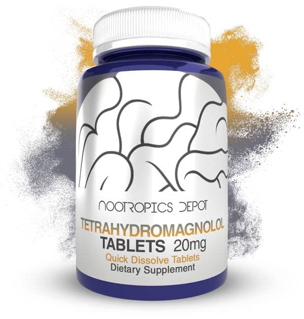 Nootropics Depot Tetrahydromagnolol quick-dissolve bottle showing mood support potential