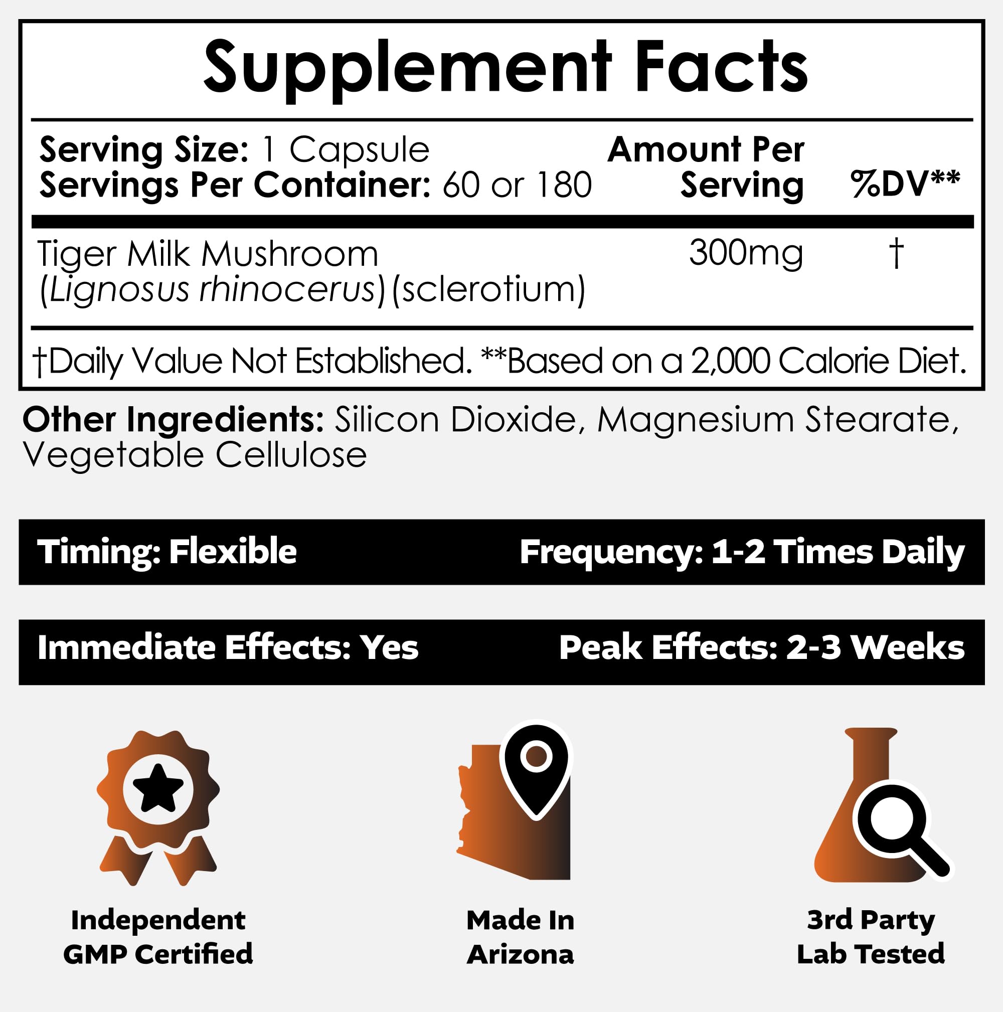 Nootropics Depot Tiger Milk Mushroom capsules closeup highlighting 300 mg dosage for focused use.