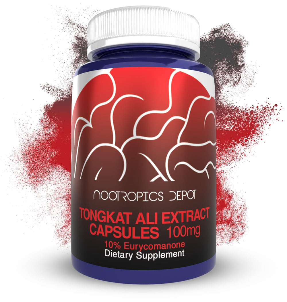 Nootropics Depot Tongkat Ali extract capsules bottle, supports energy and workouts.