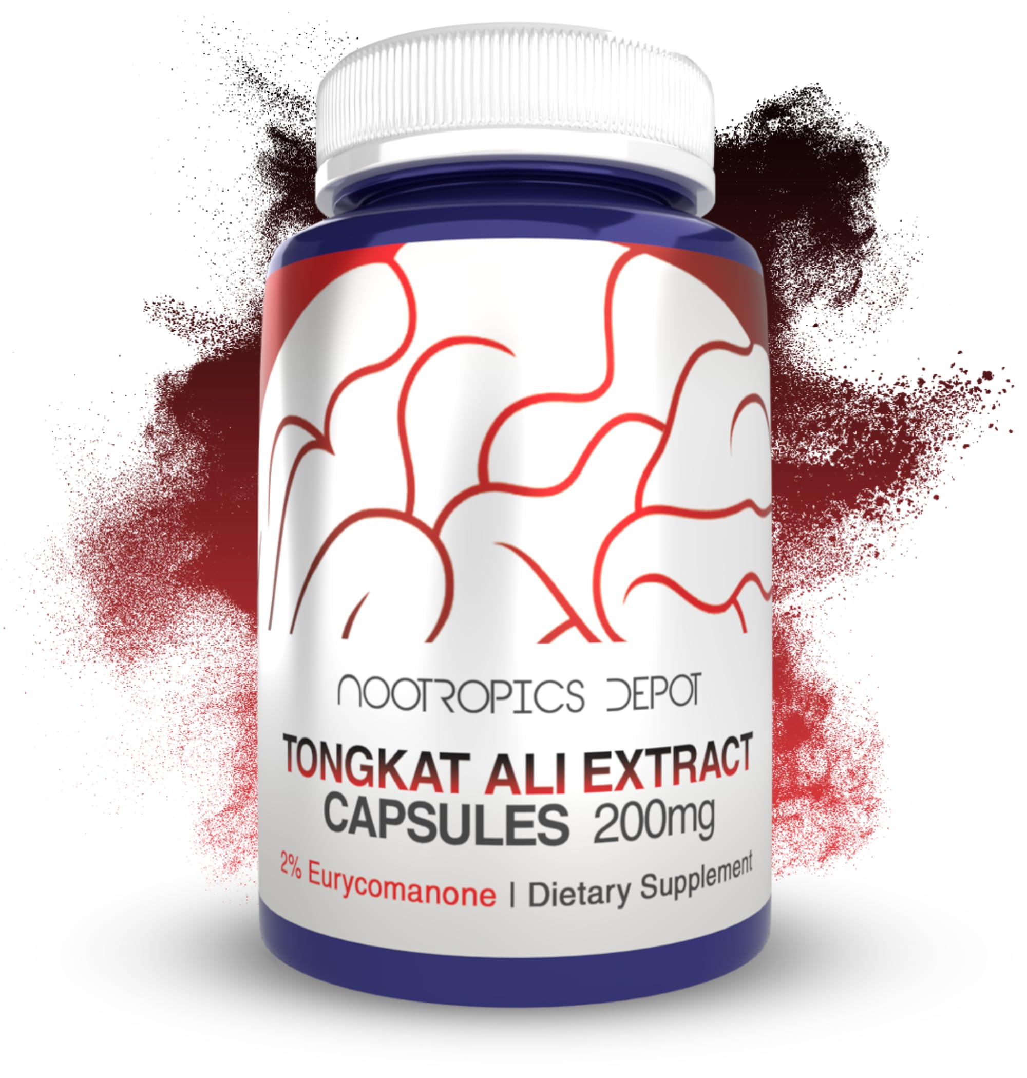 Nootropics Depot Tongkat Ali extract capsules close-up showing 200 mg potency for energy.