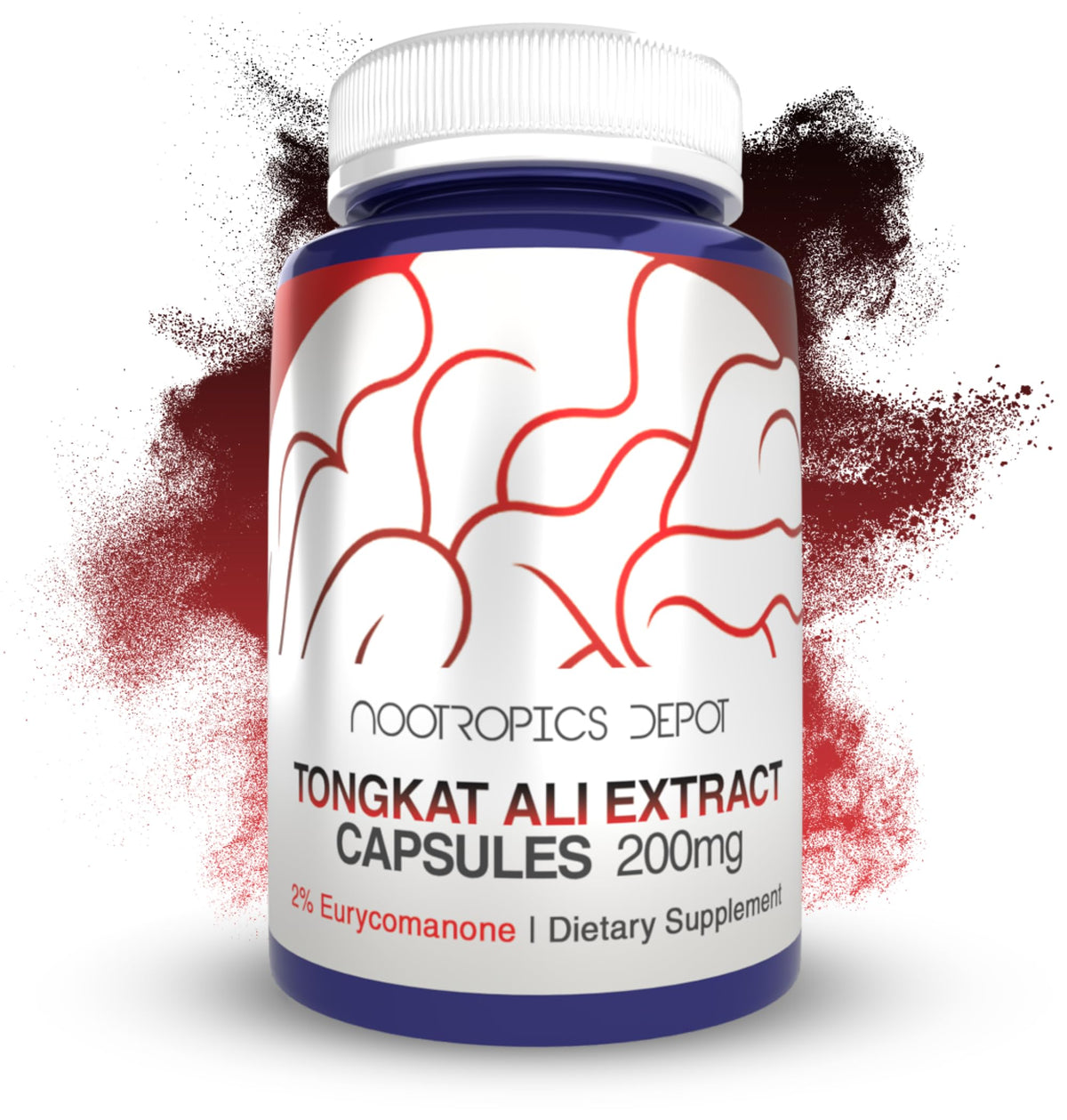 Nootropics Depot Tongkat Ali extract capsules close-up showing 200 mg potency for energy.